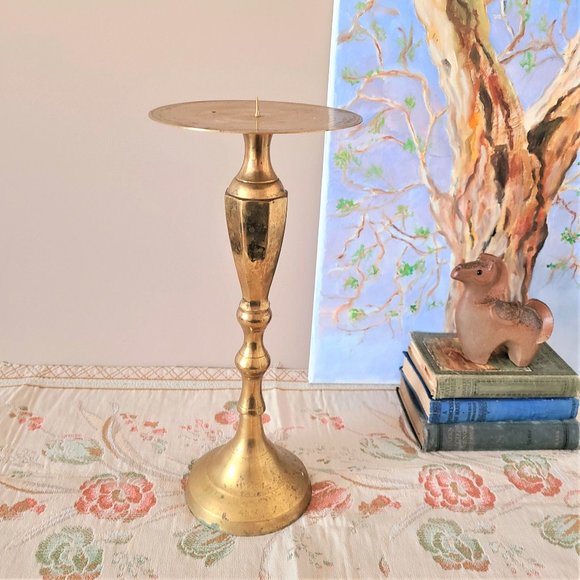 Hosley large 15'' tall vintage brass candleholder with saucer. - Picture 2 of 5